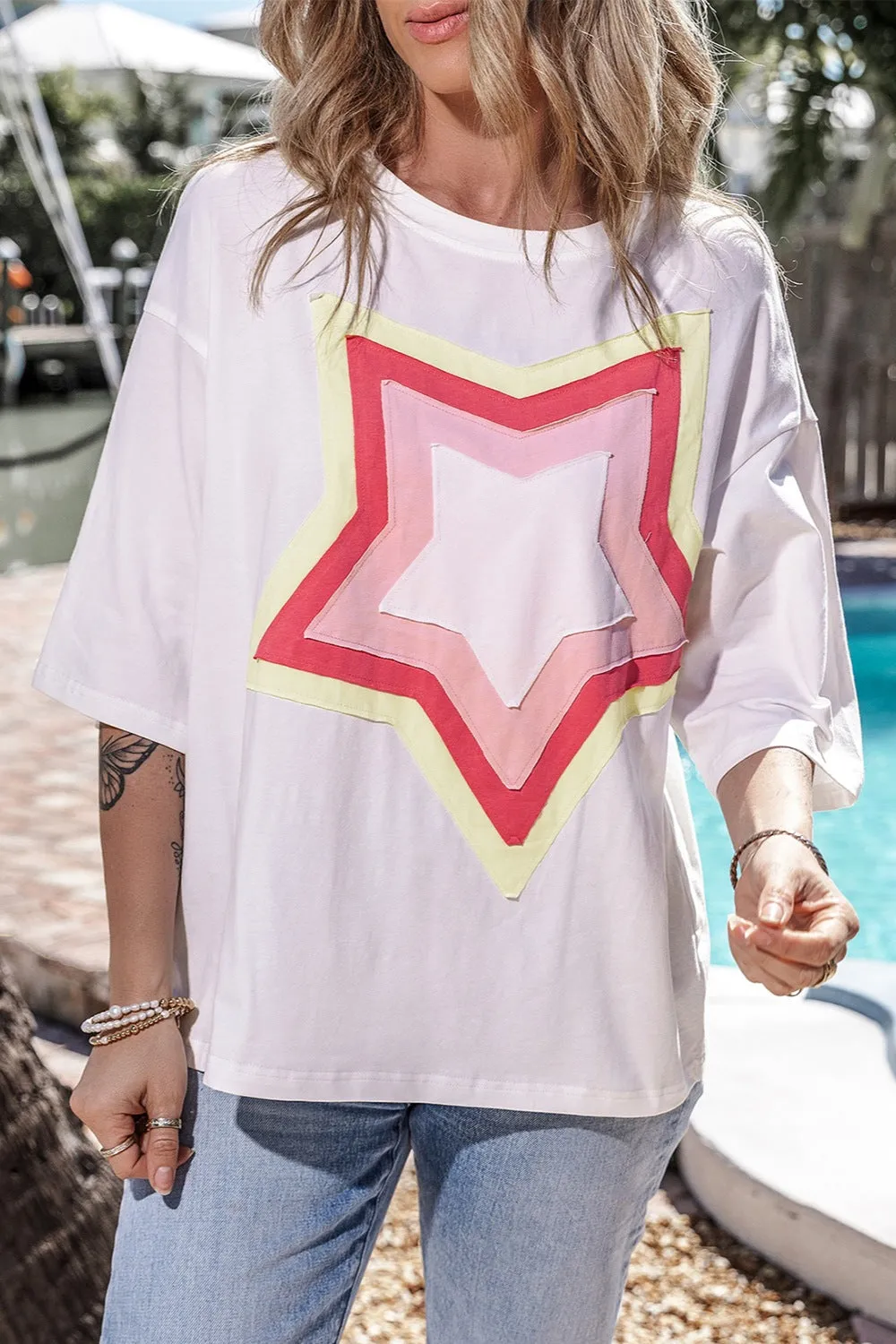 Jasey Star Round Neck Dropped Shoulder T-Shirt
