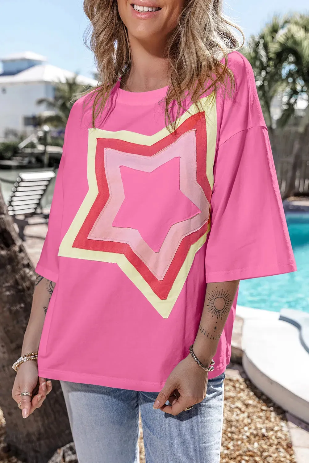 Jasey Star Round Neck Dropped Shoulder T-Shirt