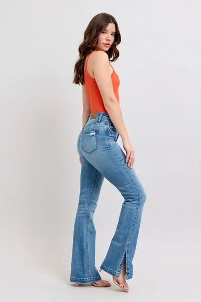 Judy Blue HW Tummy Control Vintage Wash Side Slit Slim Boot Jeans 0-24