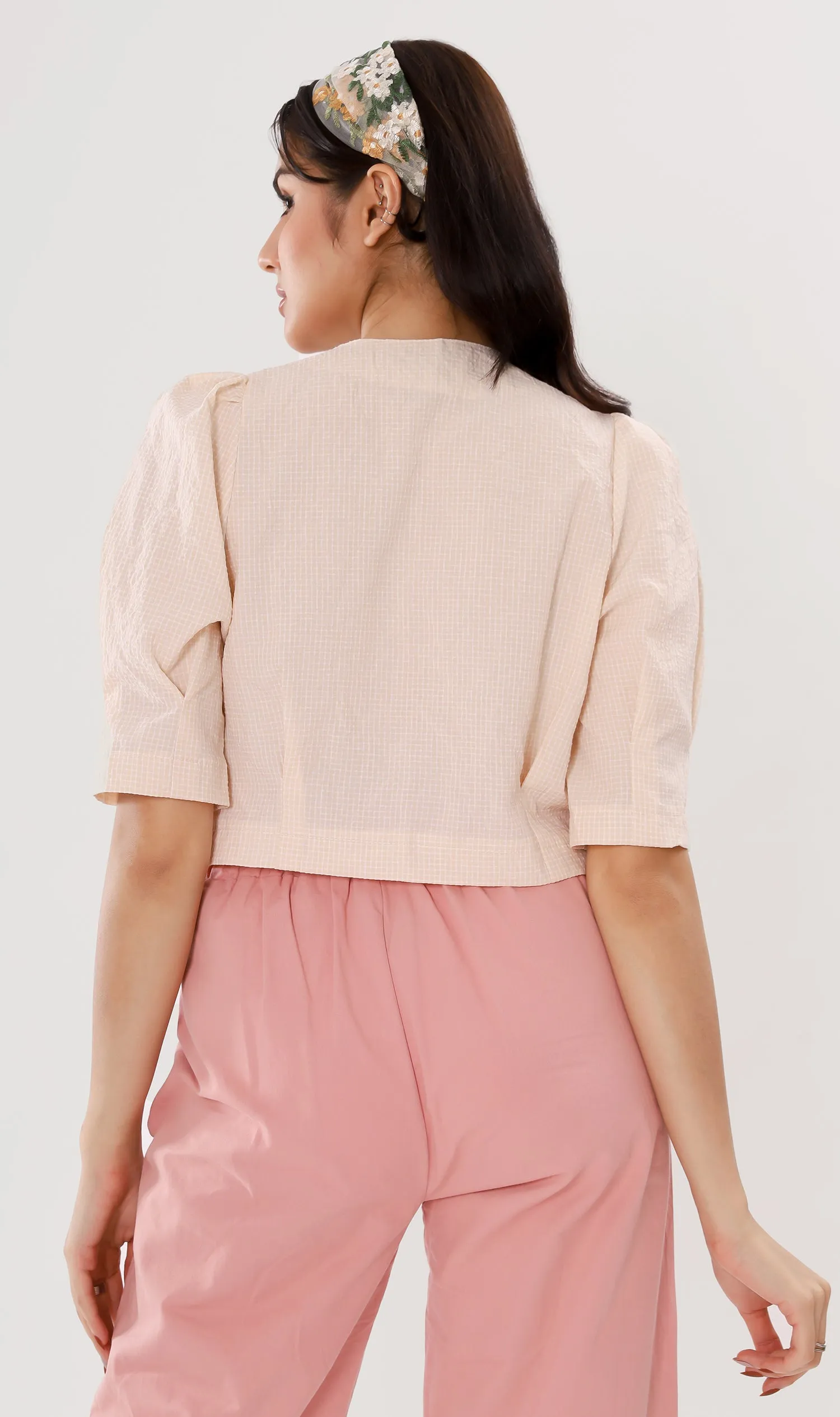 KATYA Buttoned Puff-Sleeve Grid Top (Custard)