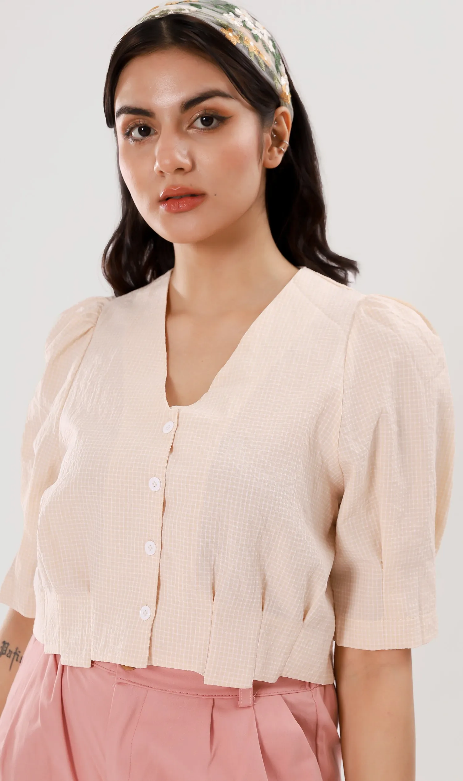 KATYA Buttoned Puff-Sleeve Grid Top (Custard)