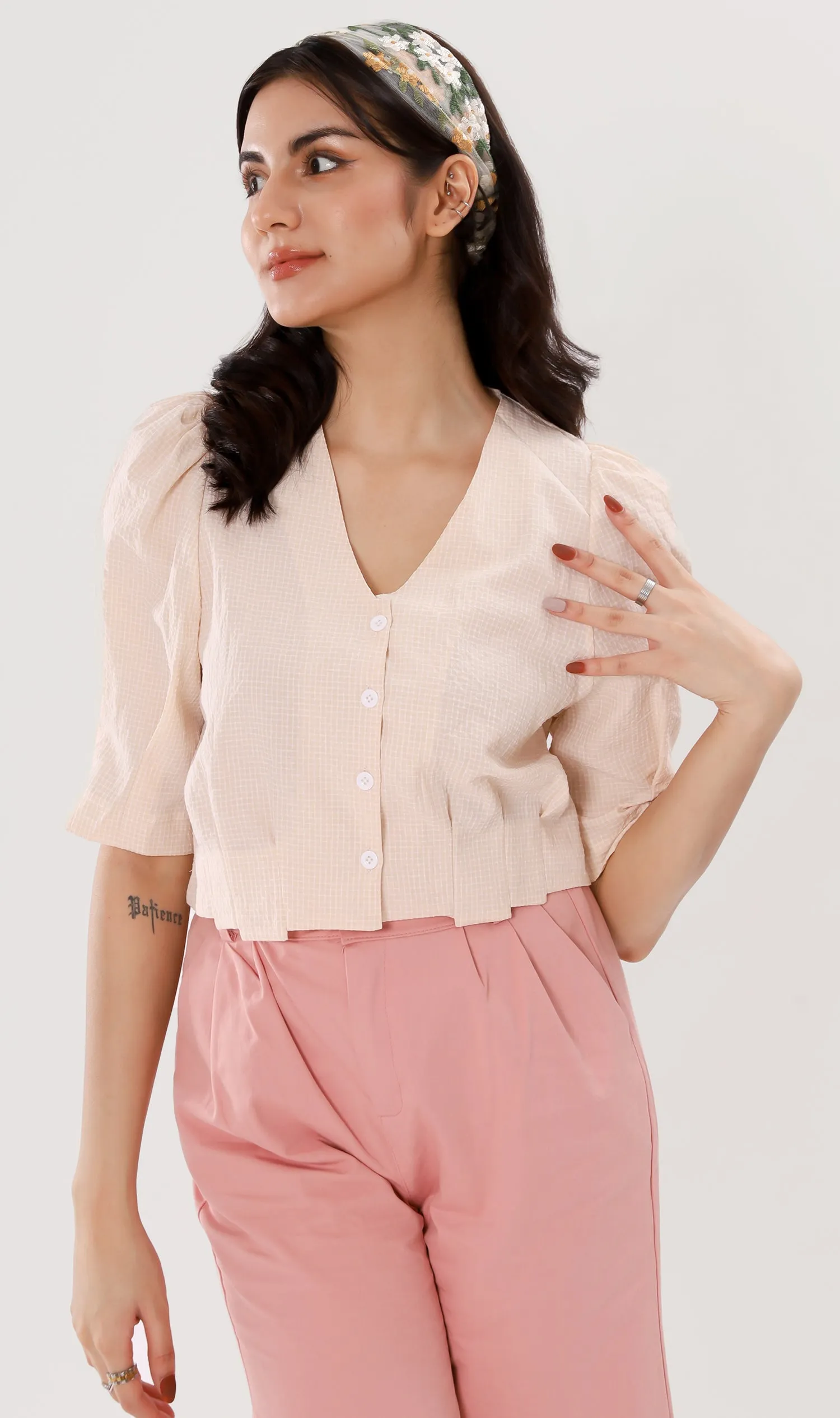 KATYA Buttoned Puff-Sleeve Grid Top (Custard)