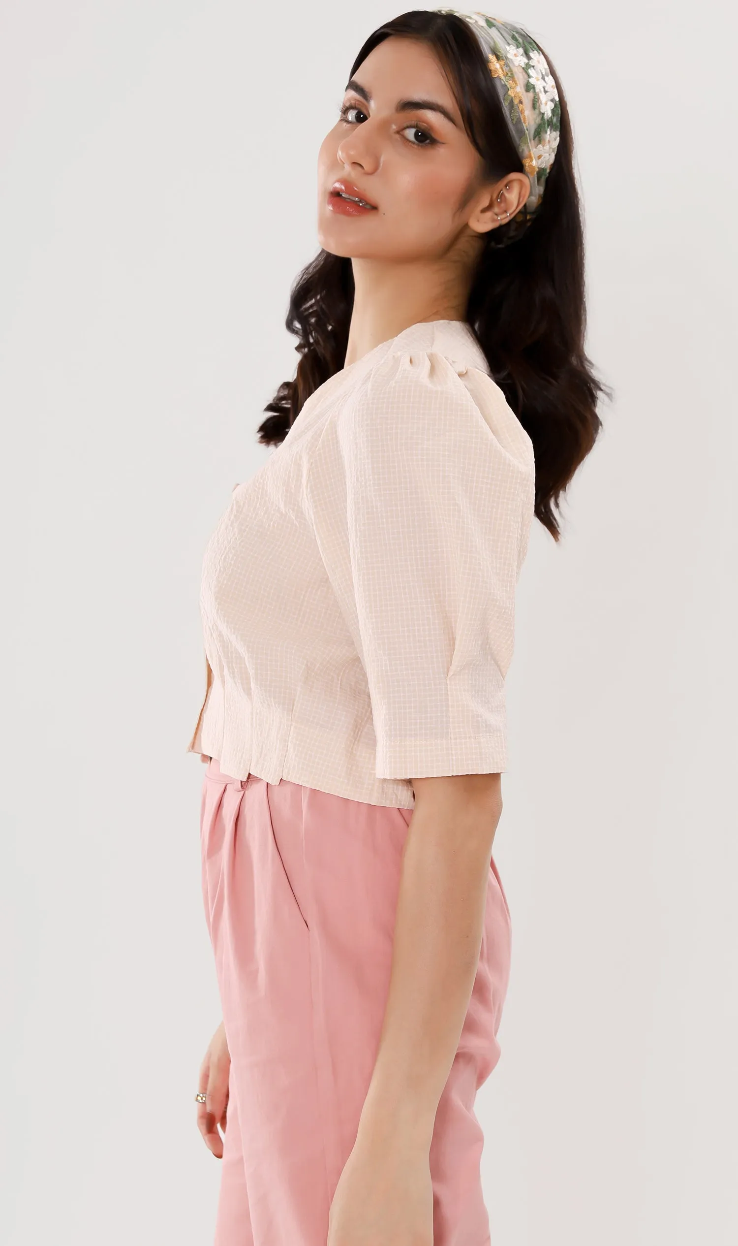 KATYA Buttoned Puff-Sleeve Grid Top (Custard)