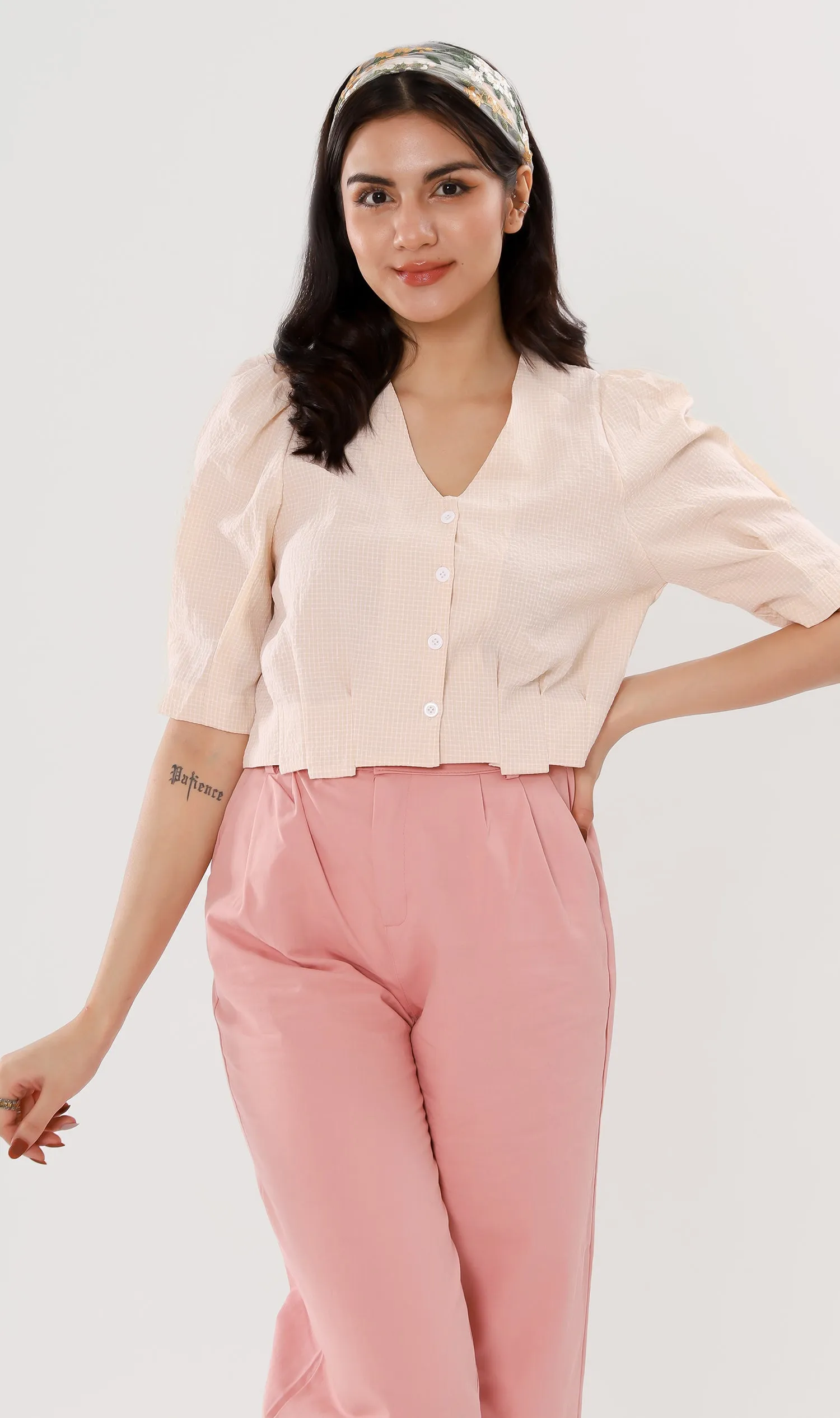 KATYA Buttoned Puff-Sleeve Grid Top (Custard)