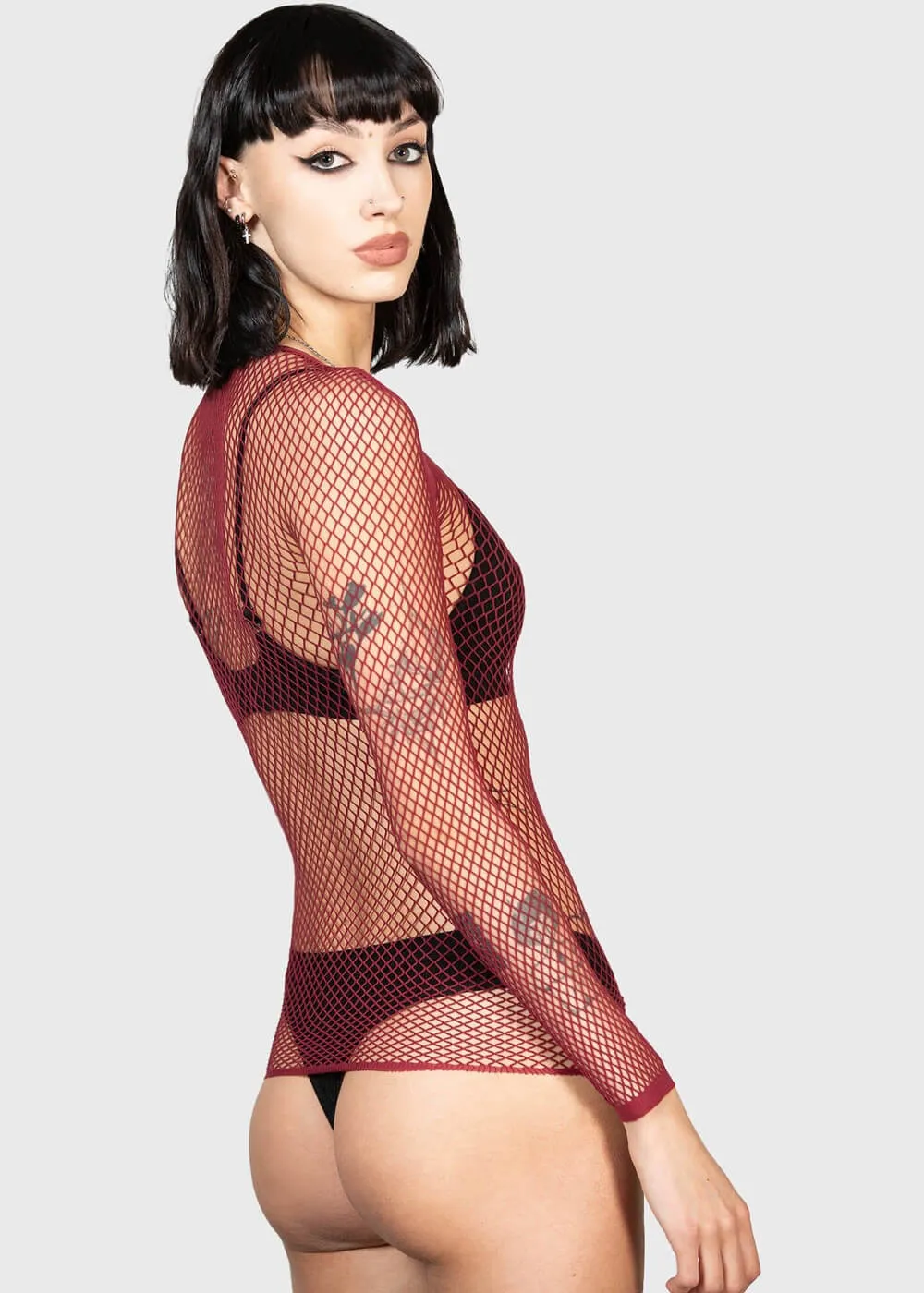 Killstar Hellrazor Fishnet Top Burgundy