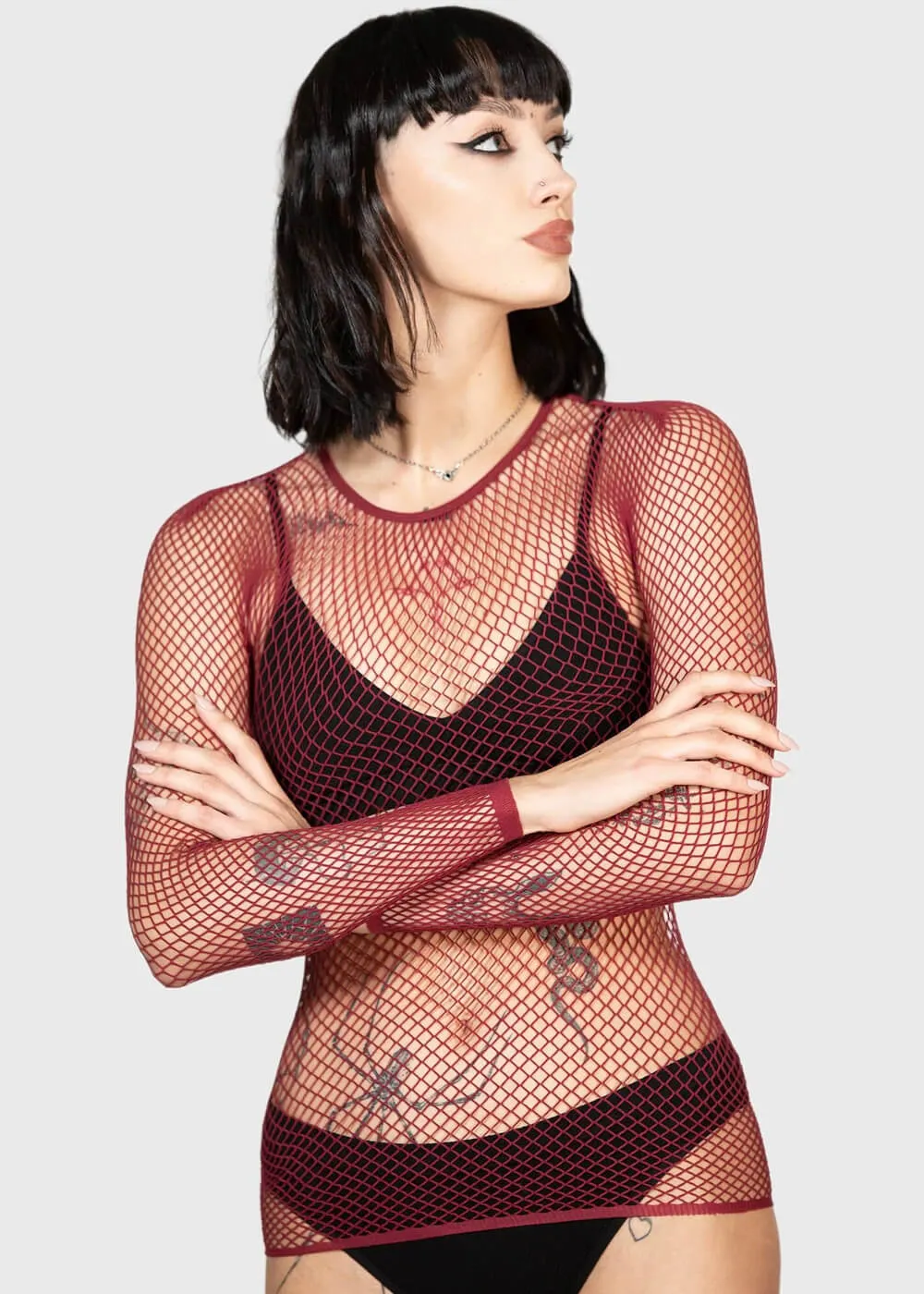 Killstar Hellrazor Fishnet Top Burgundy