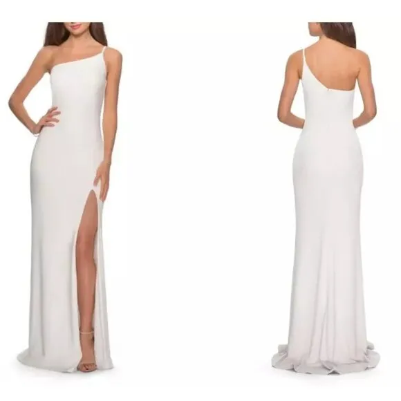 La Femme One-Shoulder Jersey White Long Gown Sultry Thigh High Slit Women's  4
