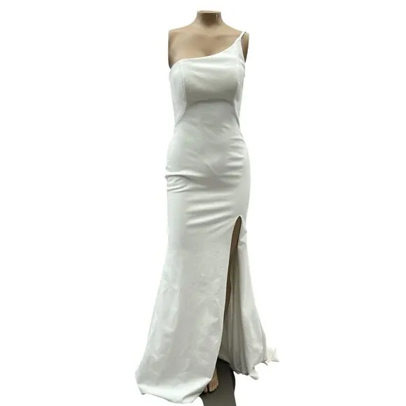 La Femme One-Shoulder Jersey White Long Gown Sultry Thigh High Slit Women's  4