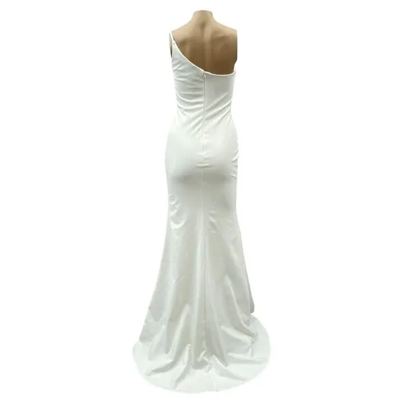 La Femme One-Shoulder Jersey White Long Gown Sultry Thigh High Slit Women's  4