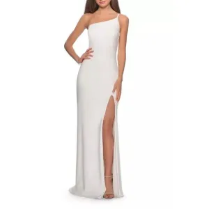 La Femme One-Shoulder Jersey White Long Gown Sultry Thigh High Slit Women's  4