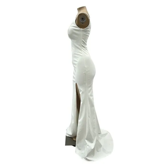 La Femme One-Shoulder Jersey White Long Gown Sultry Thigh High Slit Women's  4