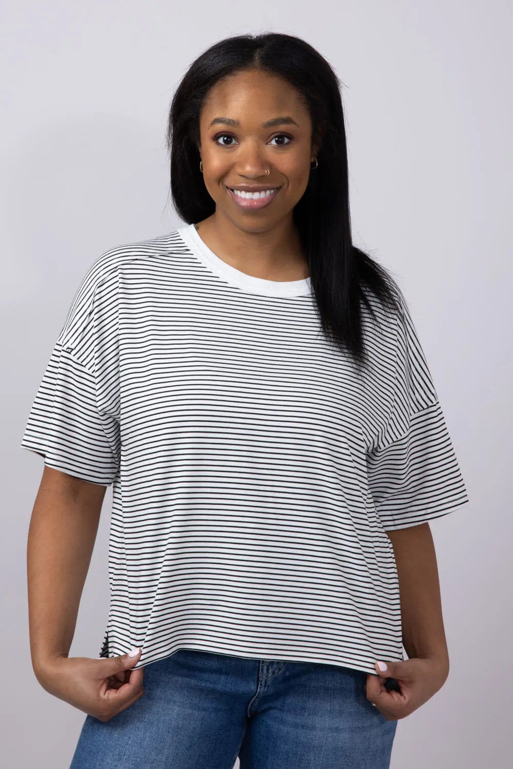 La Miel Basic Striped Drop Shoulder Top for Women in Black | HDT7703-BLACK