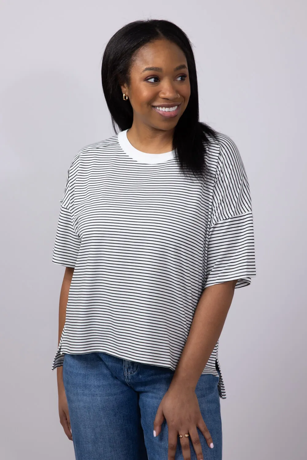 La Miel Basic Striped Drop Shoulder Top for Women in Black | HDT7703-BLACK