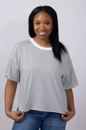 La Miel Basic Striped Drop Shoulder Top for Women in Black | HDT7703-BLACK