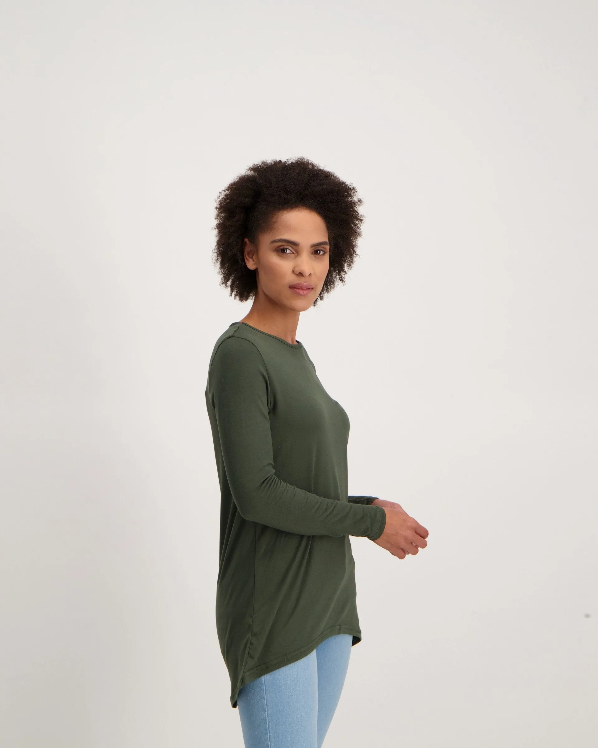 Ladies Long Sleeve Longer Length Top - Khaki