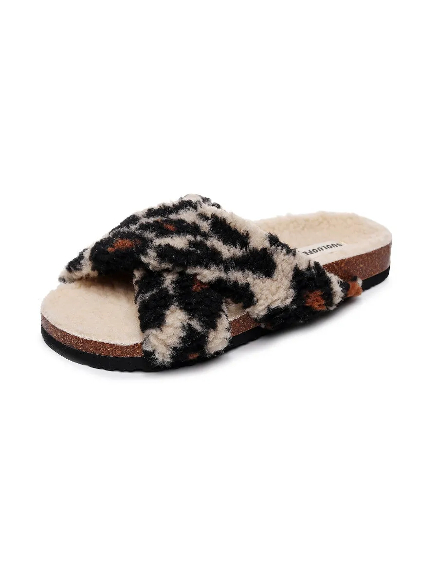Leopard Criss-Cross Fleece Slipper - Brown