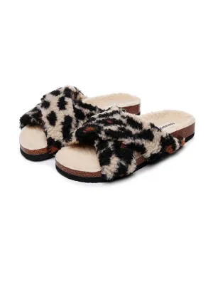 Leopard Criss-Cross Fleece Slipper - Brown