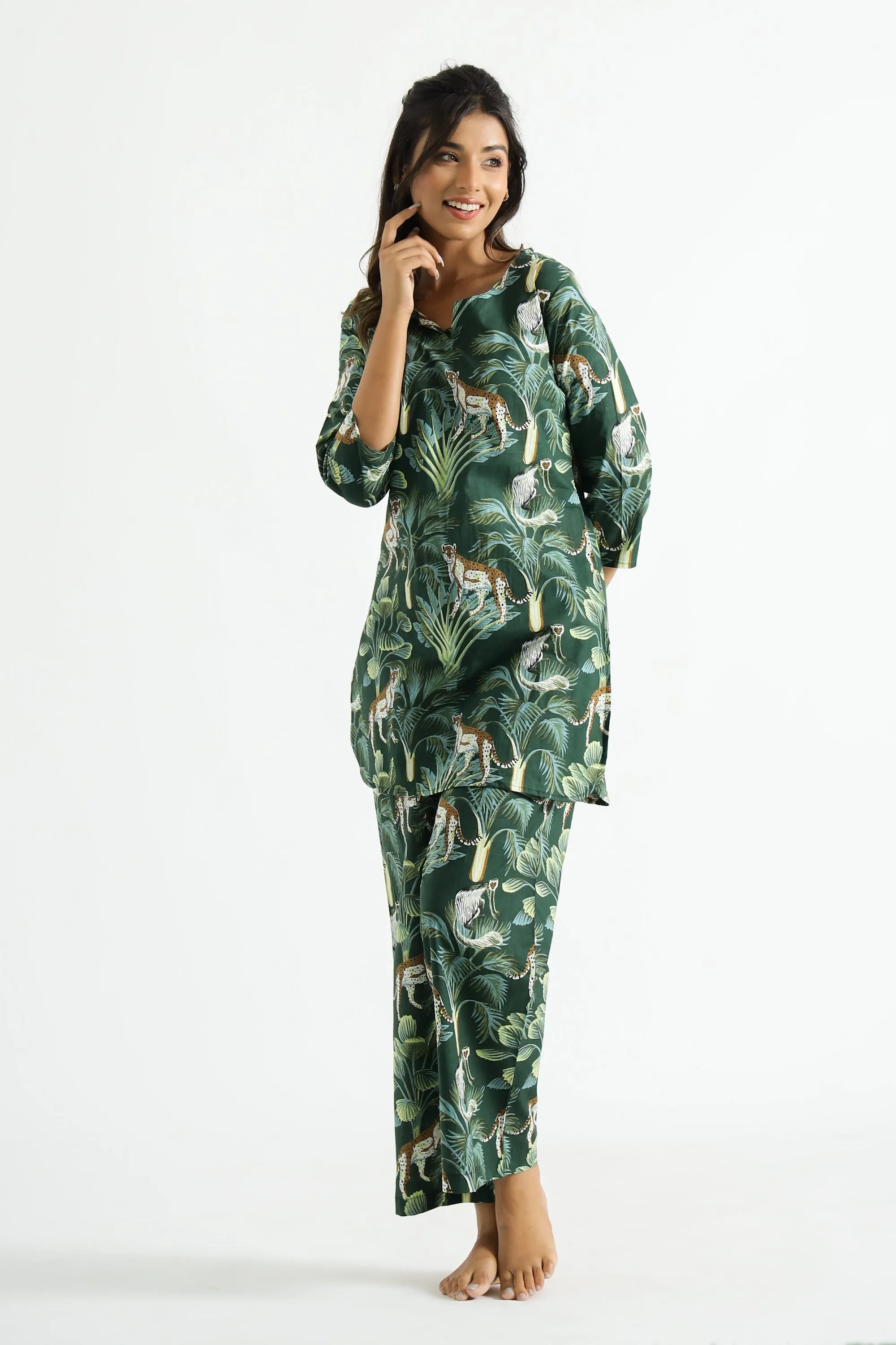 Leopard Green Organic Printed Pure Cotton Loungewear Set
