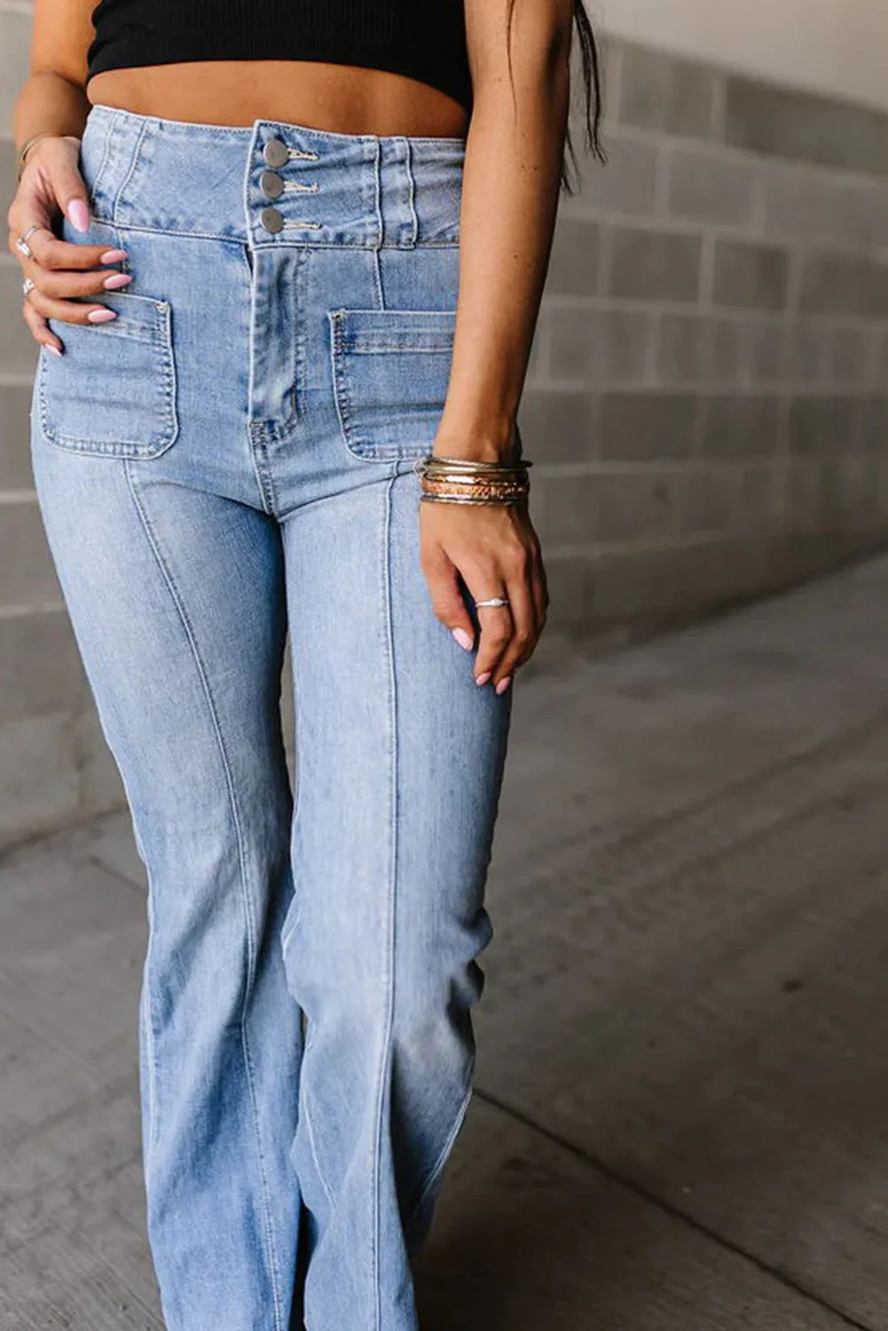 Light Blue High Rise Buttoned Patched Pocket Splicing Flare Jeans
