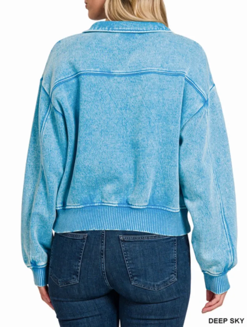 Lilah Pullover - Mineral Wash Fleece 1/4 Zipper Crop Sweatshirt