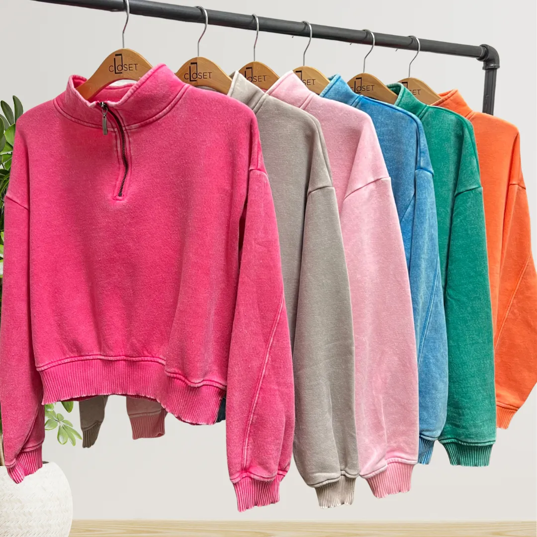Lilah Pullover - Mineral Wash Fleece 1/4 Zipper Crop Sweatshirt