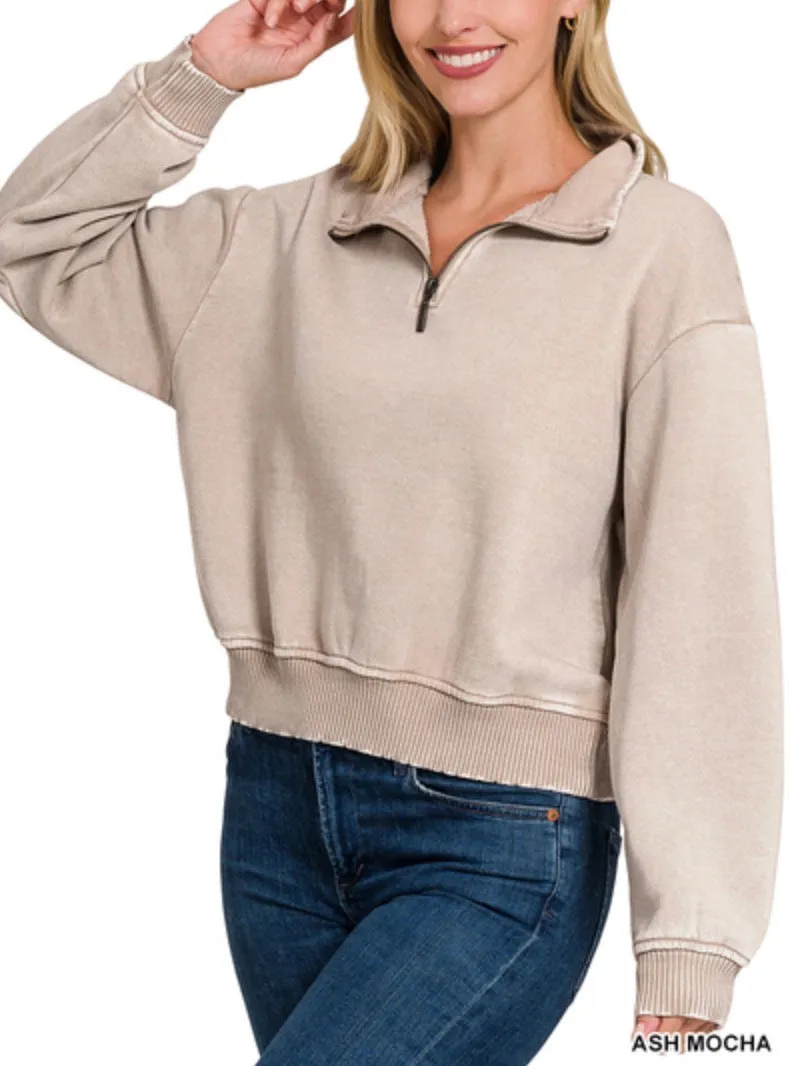 Lilah Pullover - Mineral Wash Fleece 1/4 Zipper Crop Sweatshirt