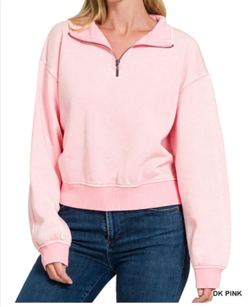 Lilah Pullover - Mineral Wash Fleece 1/4 Zipper Crop Sweatshirt