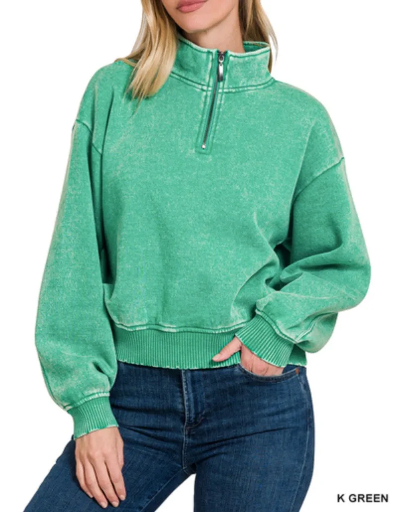 Lilah Pullover - Mineral Wash Fleece 1/4 Zipper Crop Sweatshirt