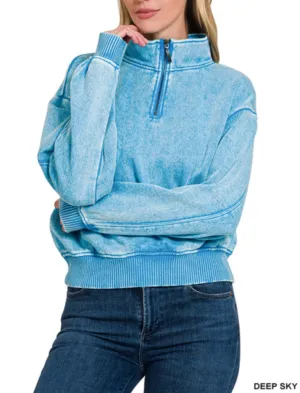 Lilah Pullover - Mineral Wash Fleece 1/4 Zipper Crop Sweatshirt
