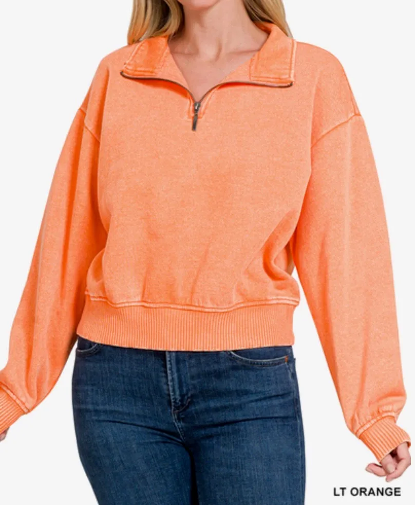 Lilah Pullover - Mineral Wash Fleece 1/4 Zipper Crop Sweatshirt