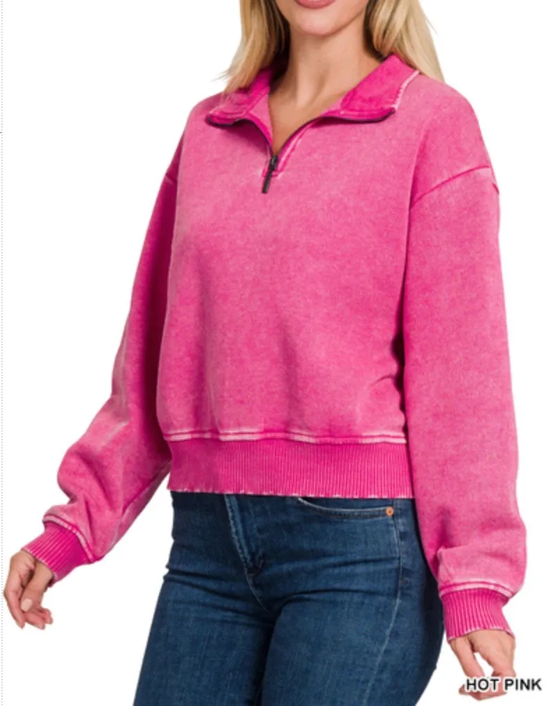 Lilah Pullover - Mineral Wash Fleece 1/4 Zipper Crop Sweatshirt