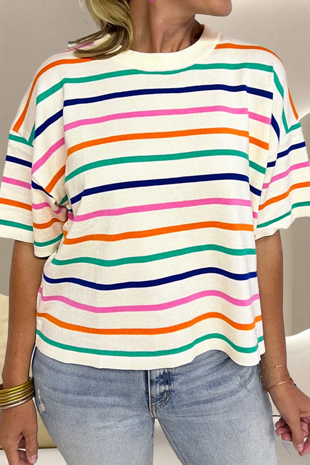 Lillian Striped Round Neck Half Sleeve Knit Top