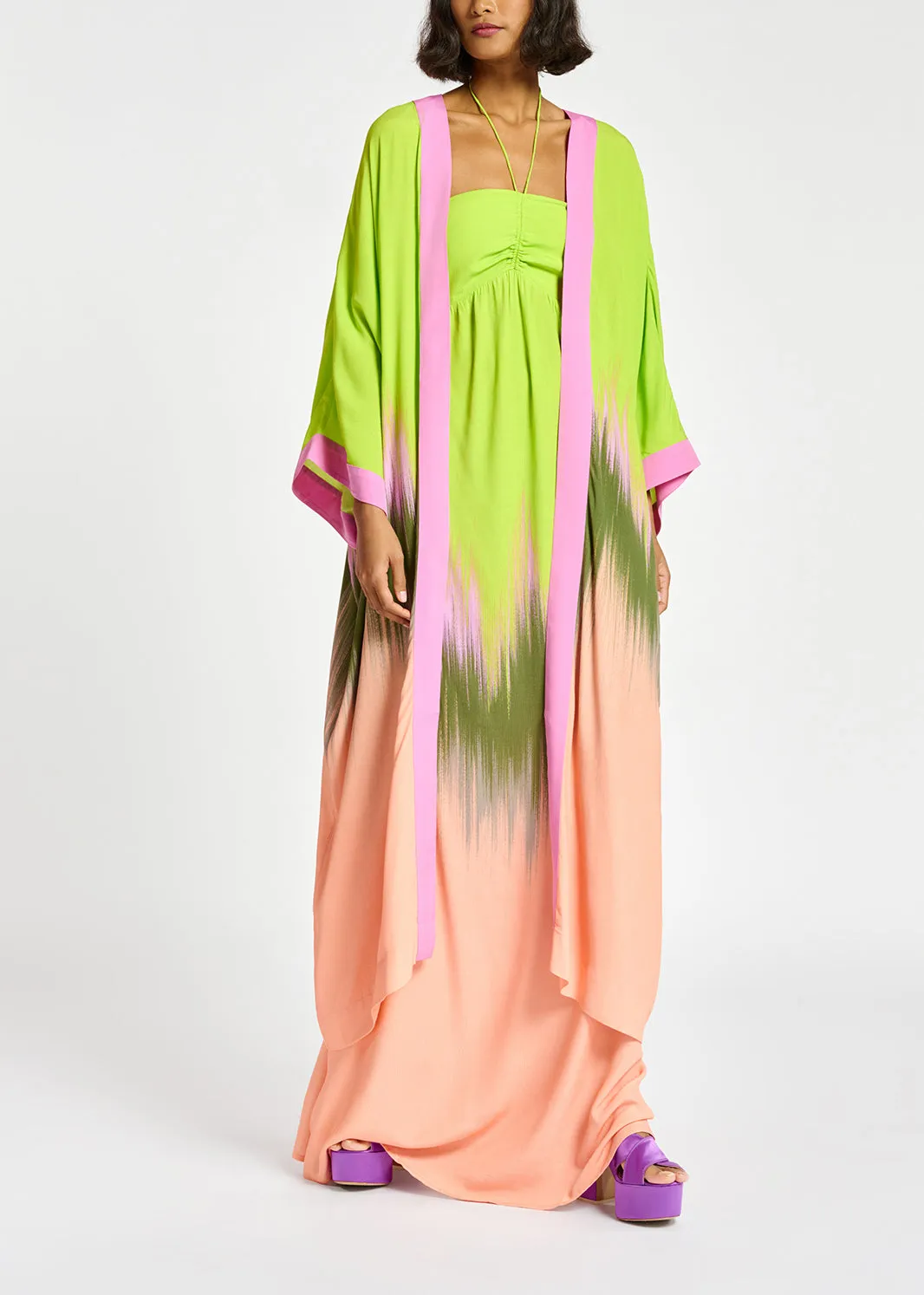 Lime green, peach and khaki kimono with dip-dyed effect