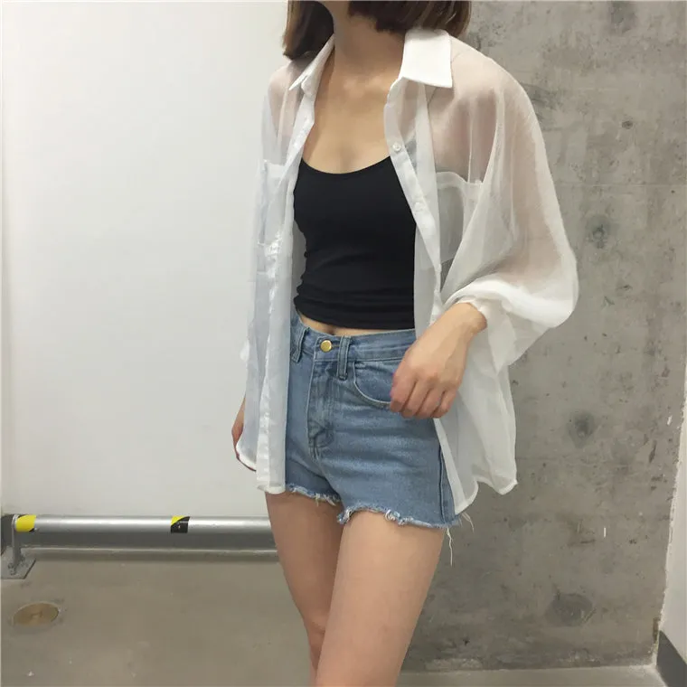 Long Batwing Sleeve Transparent Basic Shirt