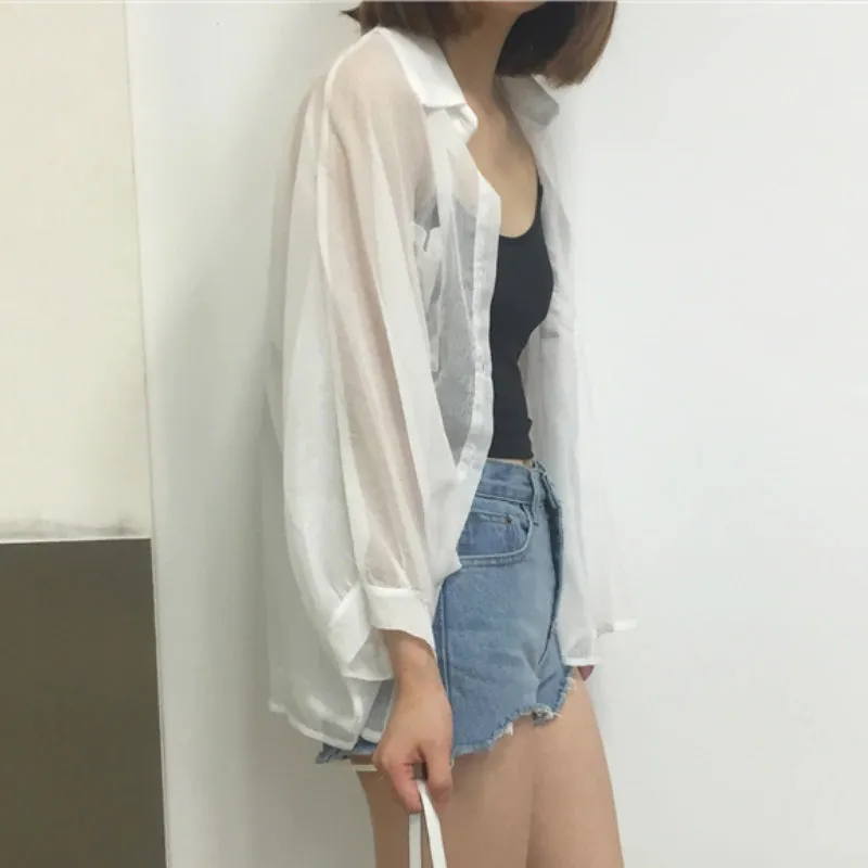 Long Batwing Sleeve Transparent Basic Shirt
