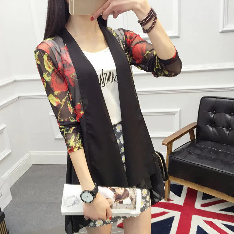 Long Chiffon Ladies Shirts Women's Cardigan Air Conditioning Female Blouses Jackets