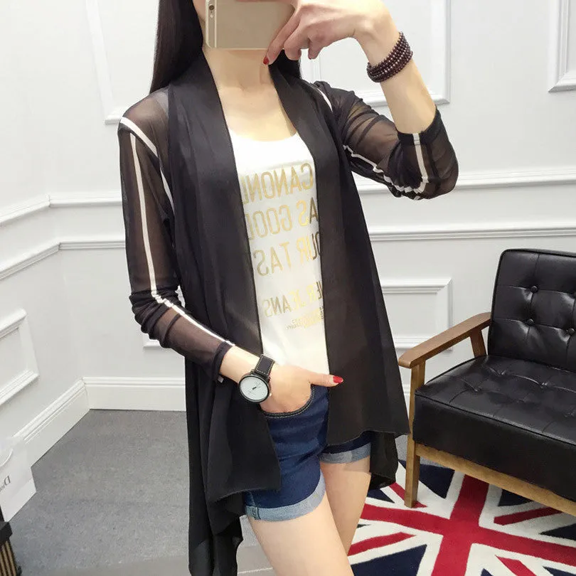 Long Chiffon Ladies Shirts Women's Cardigan Air Conditioning Female Blouses Jackets