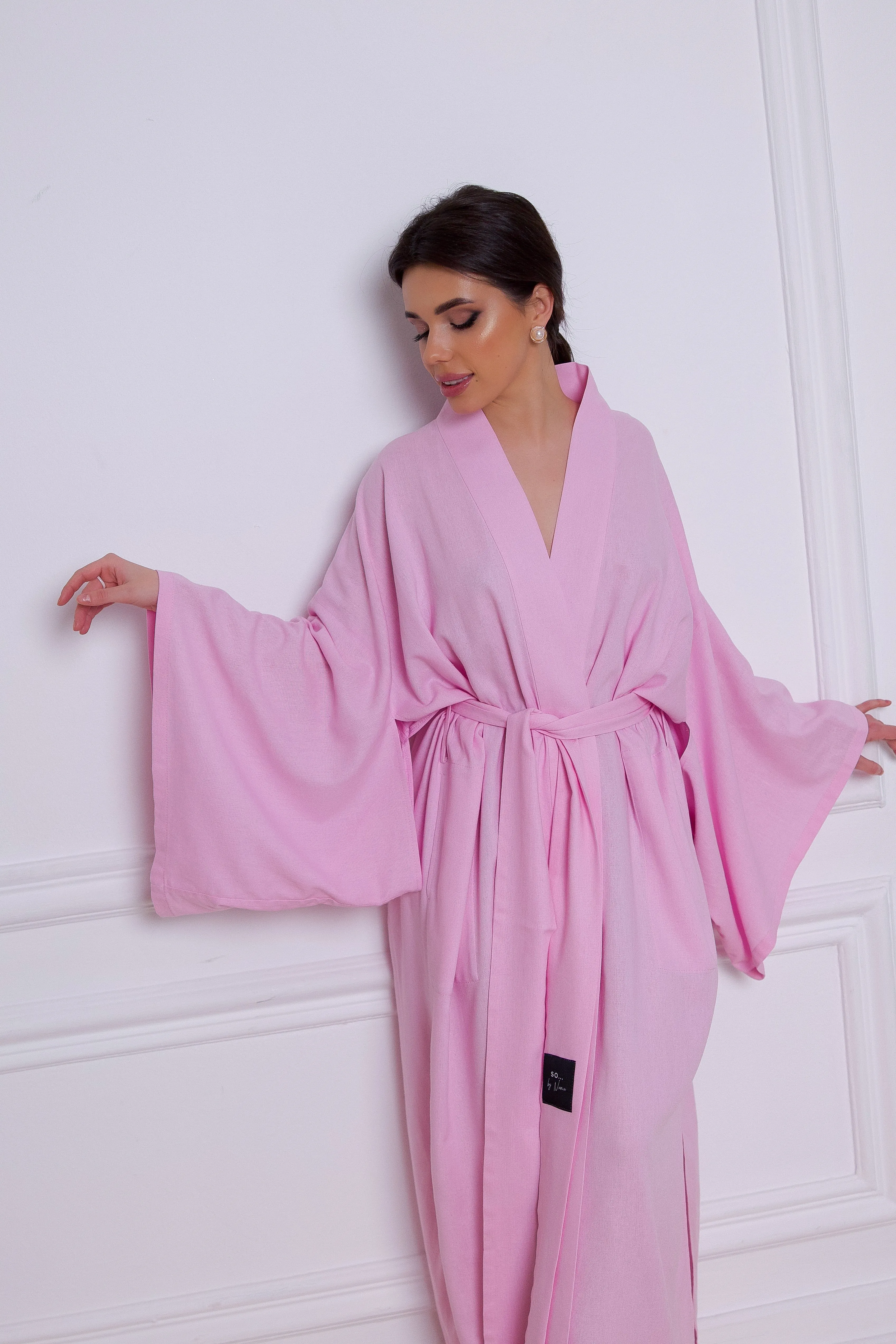 Long Linen Japanese Kimono Pink