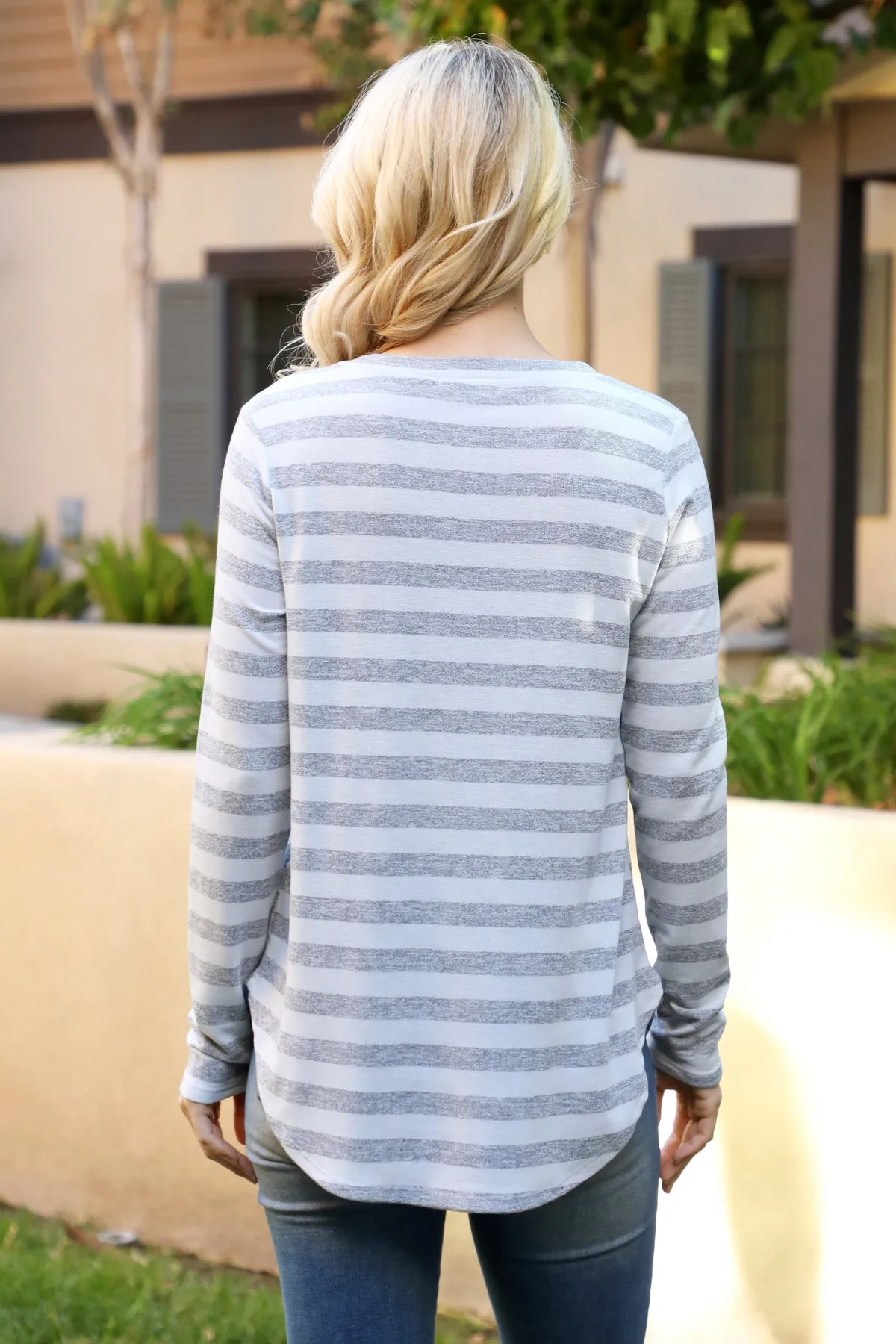 Long Sleeve Dolphin Hem Hacci Stripes Top