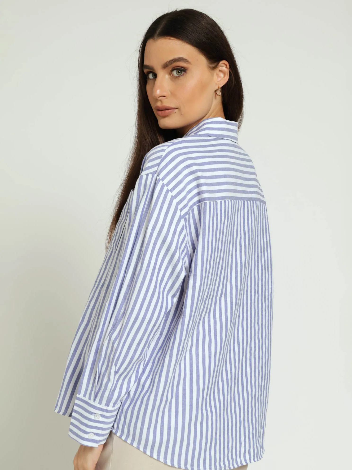 Long Sleeve Oversize Stripe Shirt - Blue