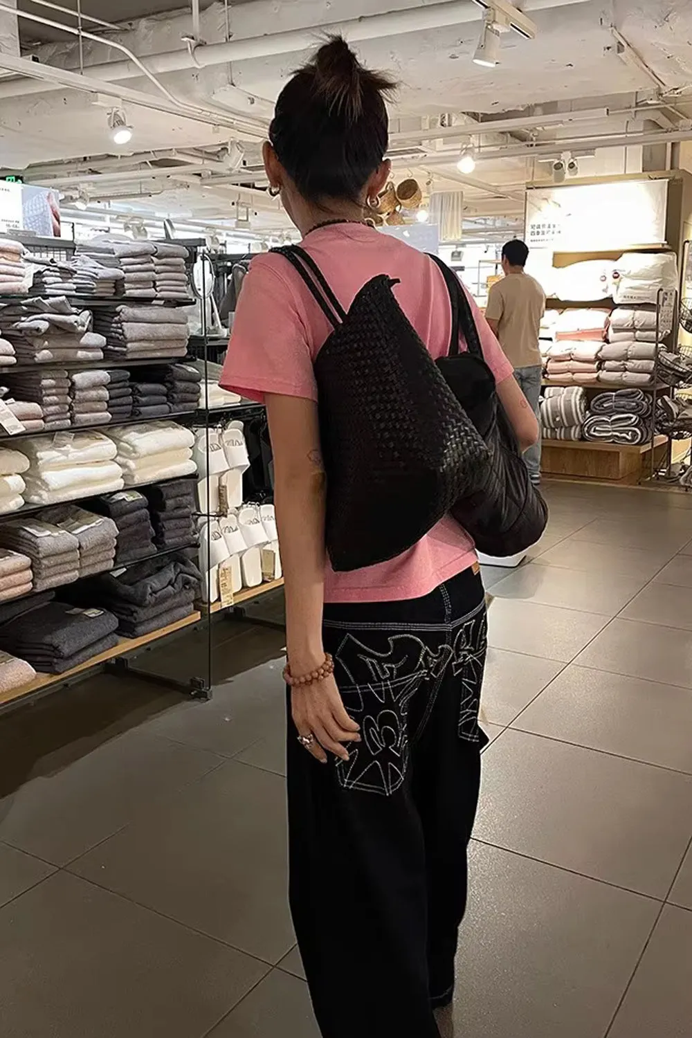 Loose Retro Back Embroidered Black Jeans Pants