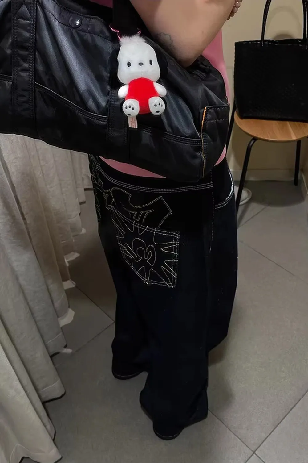 Loose Retro Back Embroidered Black Jeans Pants