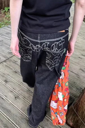 Loose Retro Back Embroidered Black Jeans Pants