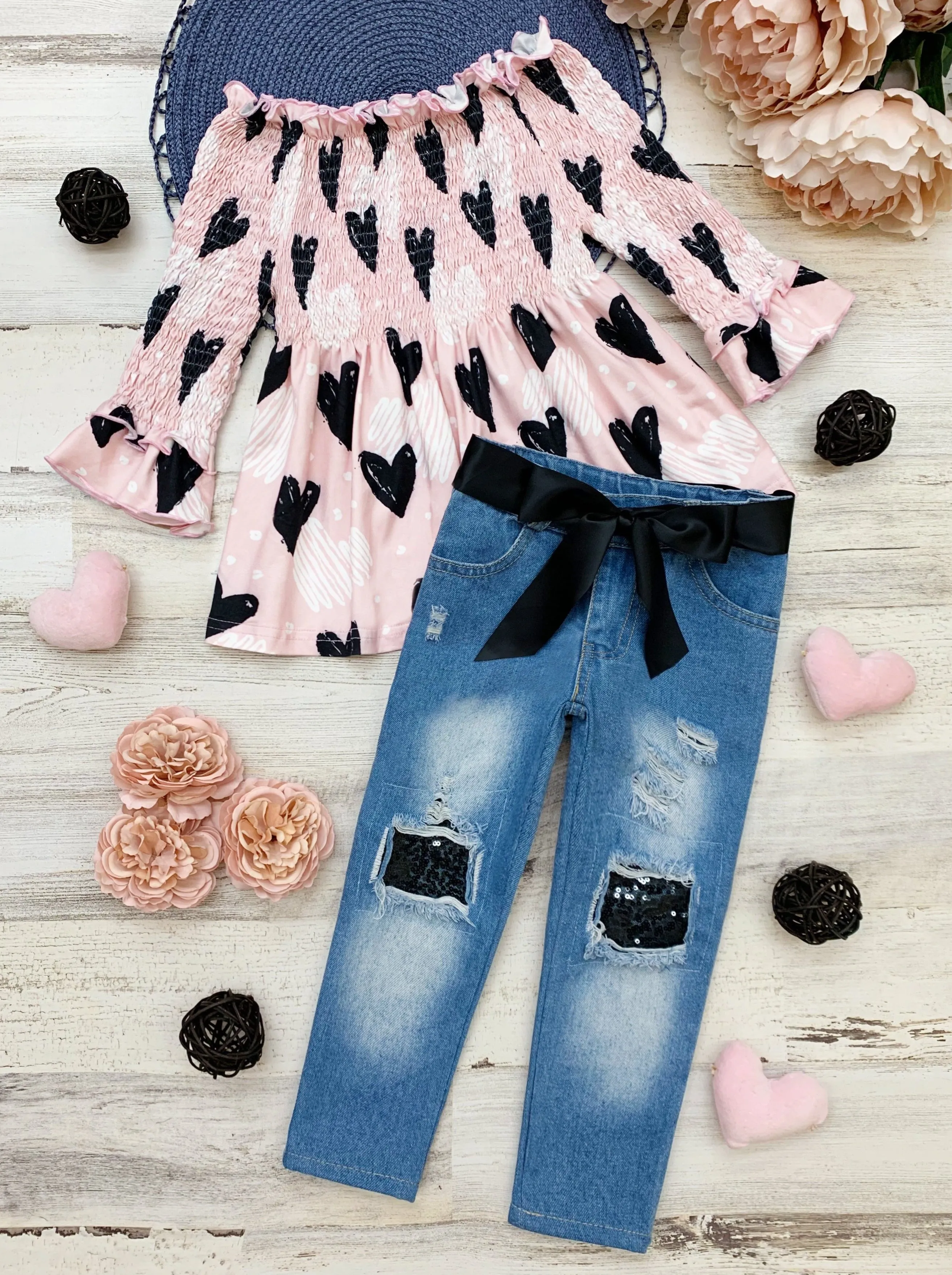 Lovely Hearts Club Sequin Patched Jeans Set