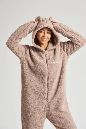 Lulabay ladies luxury borg personalised onesie Taupe