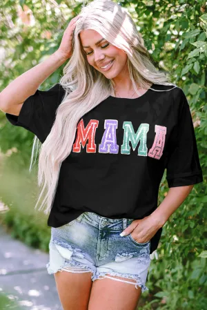 MAMA Chenille Patched Crew Neck Tee- Black