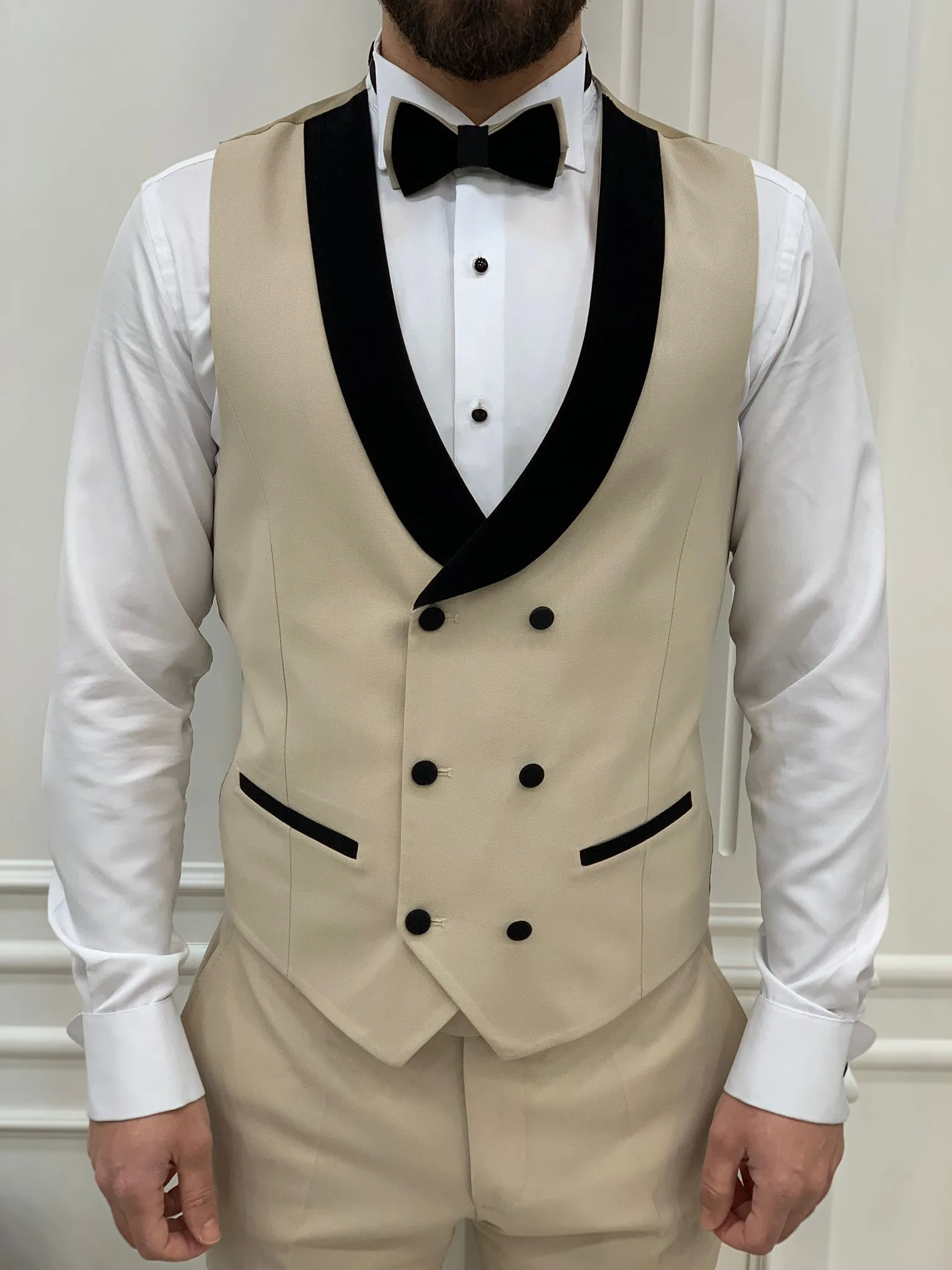 Marbel Beige Slim Fit Velvet Peak Lapel Tuxedo
