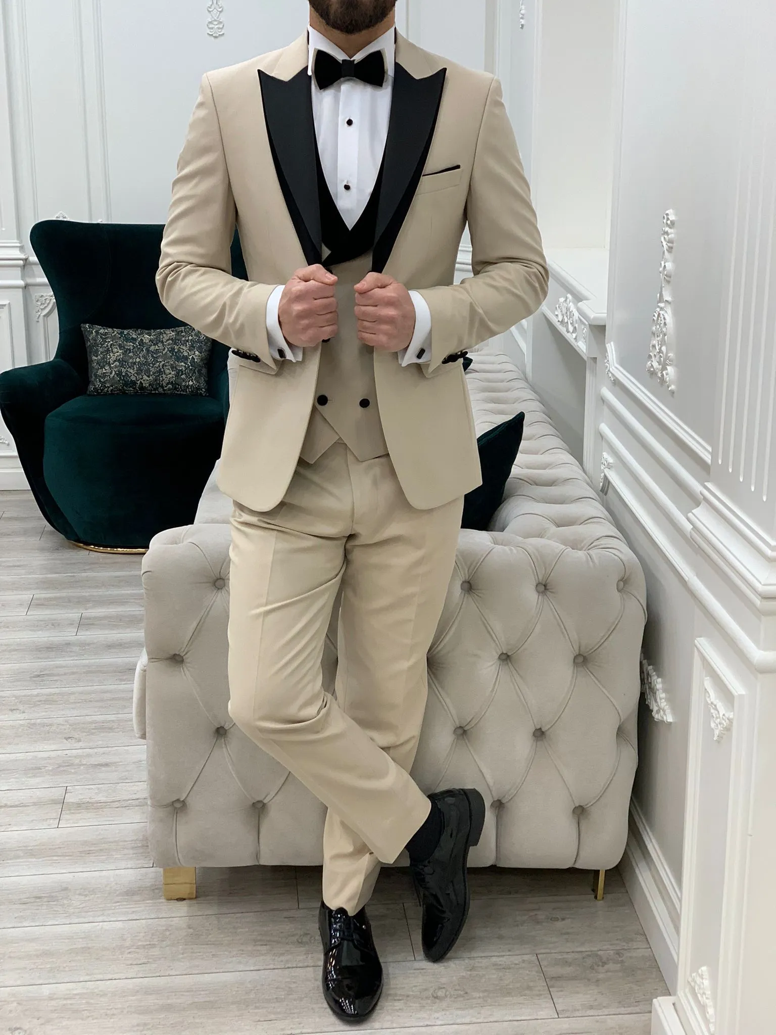 Marbel Beige Slim Fit Velvet Peak Lapel Tuxedo