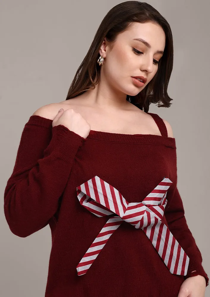 Maroon Knitted Sweater with Bow and Raw Hems