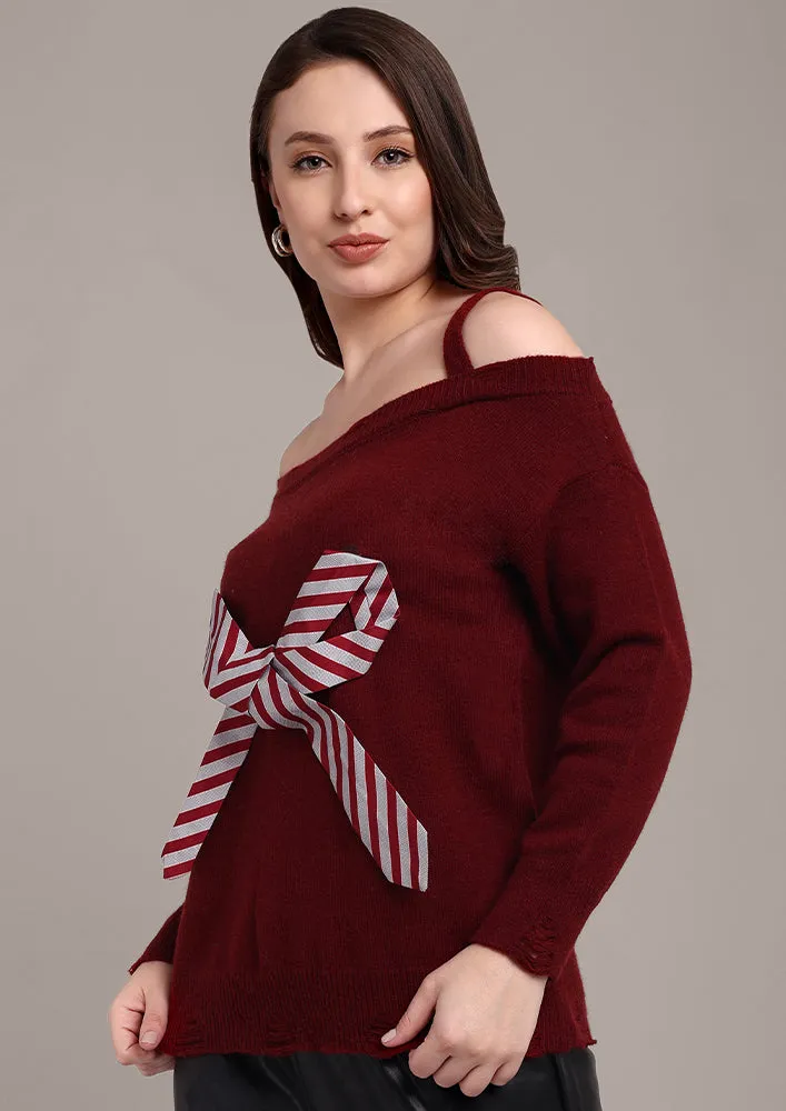 Maroon Knitted Sweater with Bow and Raw Hems